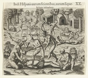 Os índios derramam ouro líquido na boca de um espanhol, 1594. de Theodore de Bry