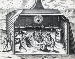 Interior da casa de inverno de William Barents (ca. 1550-1597) no arquipélago russo de Novaya Zemlya, por Theodor de Bry (1528-1598), gravura de Theodore de Bry