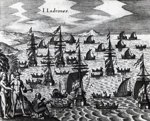 Ilhas dos Ladrões (Islas de los Ladrones, hoje Ilhas Marianas), gravura de Peregrinationes, de Theodor de Bry (1528-1598). Século XVI de Theodore de Bry