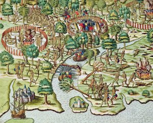 Métodos de Sieging e Attacking, de &39;Americae Tertia Pars ...&39;, 1592 de Theodore de Bry