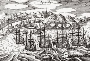 México, Vista de Acapulco - México (Aquapolque), Theodore de Bry, ca. 1630. Vista antecipada do assentamento colonial em Acapulco, que os espanhóis utilizaram como principal porto para o seu comércio do Pacífico com as Filipinas. O porto está repleto de ga de Theodore de Bry