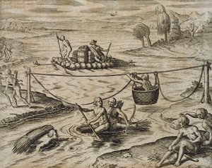Índios nativos americanos que descem o rio Rapids, por Theodore de Bry de Theodore de Bry