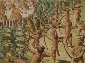 Ataque nocturno a uma aldeia indígena com setas flamejantes de Theodore de Bry