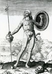Pictish homem segurando uma cabeça humana de Theodore de Bry