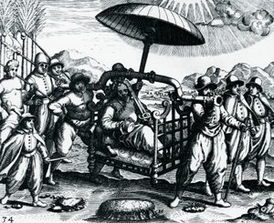 Português na Índia, sendo transportado em ninhada, gravura de Peregrinationes, por Theodor de Bry (1528-1598), Índia de Theodore de Bry