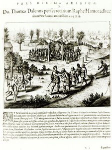 Ralph Hamor visita Powhatan, 1619 (gravura) (foto bw) de Theodore de Bry