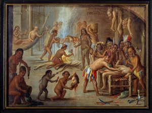 Cena de canibalismo no Brasil em 1644 Os índios devoraram seus inimigos e prisioneiros. Pintura de Jan van Kessel dit le vieux (1626-1679) (ec.flam.) a partir de uma ilustração das viagens de Theodore de Bry ao Brasil. Sol. 0,18x0,24 m La Rochelle, musee d