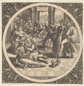 Cena com Galants em um banquete em um círculo no centro, 1580-1600. de Theodore de Bry