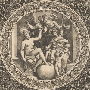 Cena com Misericórdia e Veritas num Círculo no Centro, 1580-1600. de Theodore de Bry