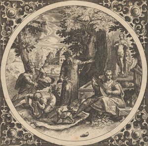 Cena com um aviso contra doenças venéreas em um círculo no centro, 1580-1600. de Theodore de Bry