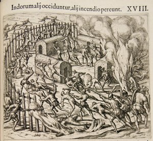 Alguns índios são mortos, outros morrem em um incêndio. De: Americae pars qvarta de Theodore de Bry