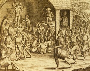 Rito religioso indígena sul-americano, gravura de Historia americae, de Theodor de Bry (1528-1598), Frankfurt de Theodore de Bry