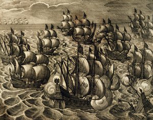 Comando armada espanhola de Rodrigo Mendoza, gravura de Theodore de Bry (1528-1598) tirada de História da América por Theodore de Bry, Espanha,1602 de Theodore de Bry