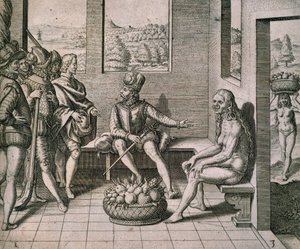Conquistadores espanhóis encontram mulheres nativas na américa, por Theodore de Bry de Theodore de Bry