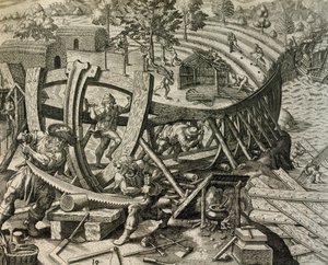 Marinheiros espanhóis construindo caravela, gravura de Historia Americae, de Theodor de Bry (1528-1598) de Theodore de Bry