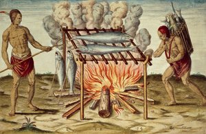 Taino nativos cozinhando peixe, gravura colorida por Theodor de Bry (1528-1598) de pintura de John White, de Breve e verdadeiro relato de nova terra encontrada da Virgínia de Theodore de Bry