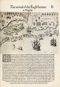 A Chegada dos Ingleses à Virgínia", de "A Briefe and True Report of the New Found Land of Virginia", de Thomas Harriot (gravura) de Theodore de Bry