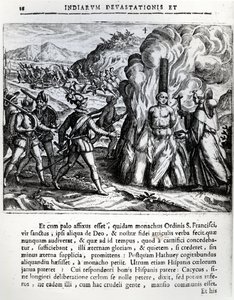 A queima de Hatuey pelos espanhóis em Yara, Cuba, em 2 de fevereiro de 1512, 1664 de Theodore de Bry