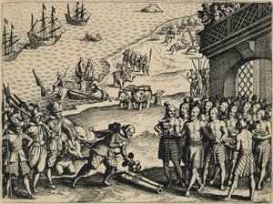 O desembarque dos holandeses em Calcutá de Theodore de Bry