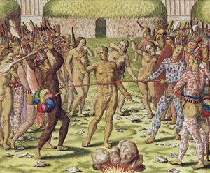 A execução de um inimigo pelos índios topinambos, 1562 de Theodore de Bry
