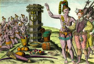 Os Floridians vieram a coluna erigida pelo navegador francês Jean Ribault (1520-1565) da primeira expedição à Florida Gravura da "História da América" por Theodore De Bry (1528-1598) Coleção Privada do século XVI de Theodore de Bry