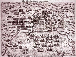 A frota Francis Drake ocupa a ilha de Santo Domingo (Gravura de Theodore de Bry