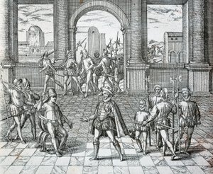 O Rei Inca Atahualpa é feito prisioneiro por espanhóis em Cajamarca, Illuistration from American History por Theodore de Bry de Theodore de Bry