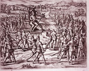 O rei Inca, Atahualpa (ou Atabaliba), segurando um ceptro em forma de sol, é levado em uma ninhada para encontrar Francisco Pizarro (Gravura de Theodore de Bry