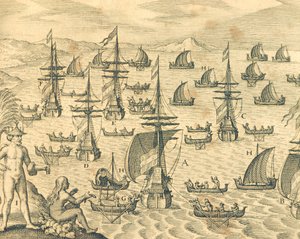 A Ilha dos Ladrões, gravura da história americana de Theodore de Bry, América do Norte do século XVII. de Theodore de Bry