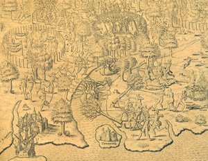 Os portugueses empurram para o interior e são atacados por uma tribo local de Theodore de Bry