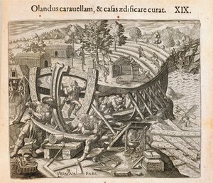 Os espanhóis construindo seu primeiro navio no Novo Mundo, gravado por Theodor de Bry (1528-1598) de Americae pars quarta, sive, Insignis et admiranda historia de reperta primum Occidentali India Christophoro Columbo, de Girolamo Benzoni de Theodore de Bry