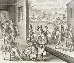 A captura espanhola Fort Caroline, 1565, de "O Novo Mundo e História Americana", de Johann Ludwig Gottfried, publicado por Mattaeus Merian, Frankfurt, 1631 de Theodore de Bry