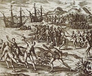 Os Espanhóis na América, por Theodore De Bry, gravando de Theodore de Bry