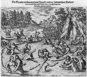 Os espanhóis abusando das mulheres indianas após a captura do rei Atahualpa (c.1502-33) em 1532 de Theodore de Bry