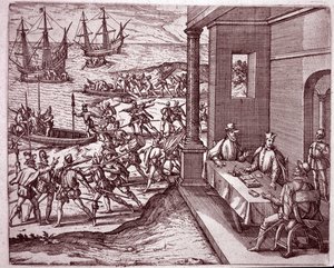 Os conquistadores espanhóis Francisco Pizarro, Diego de Almagro e Hernando de Luque uniram forças para conquistar o Peru (Gravura de Theodore de Bry