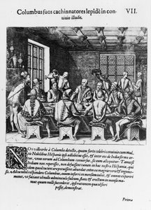 A história do ovo de Cristóvão Colombo (1450-1506) 1585-88 (gravura) (foto bw) de Theodore de Bry