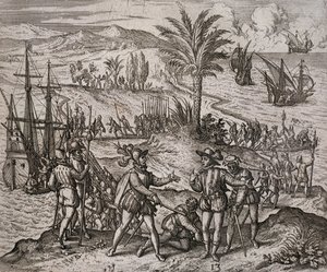 A prisão de Cristóvão e Bartolomeu Colombo por ordem de Francisco de Bodadilla de Theodore de Bry