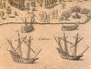 A chegada de navios franceses à Flórida de Theodore de Bry