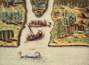 A chegada dos franceses, gravada por Theodore de Bry (1528-1598), de The Discourse of Florida. de Theodore de Bry