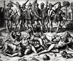 Os cães de Vasco Nunez de Balboa (1475-1571) atacando os índios