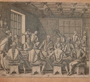 O ovo de Colombo, gravura de Theodor de Bry (1528-1598) de Americae pars quarta, sive, Insignis et admiranda historia de reperta primum Occidentali Índia Christophoro Columbo, de Girolamo Benzoni de Theodore de Bry