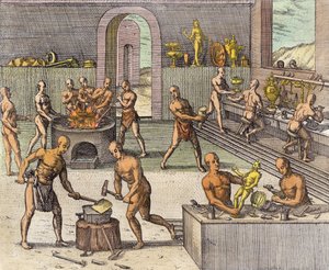 O ateliê de ourives de Atahualpa, em Quito, de um relato de Girolamo Benzoni, de Newe Welt und Americanische Historien, de Johann Ludwig Gottfried, publicado por Mattaeus Merian, Frankfurt, de Theodore de Bry