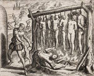 Treze vítimas enforcadas e queimadas, representação de crimes infligidos aos índios por colonos espanhóis da 