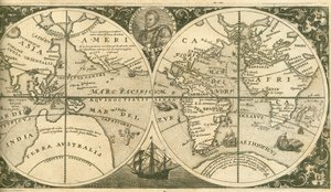 Página de rosto de Americae Pars VIII com um retrato de Francis Drake e seu navio, o Golden Hind, 1 de Theodore de Bry