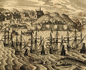 Vista do porto de Acapulco no México, gravura de Historia Americae, de Theodor de Bry (1528-1598), Frankfurt de Theodore de Bry