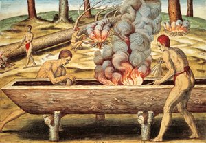 Nativos da Virgínia construindo uma piroga de Theodore de Bry