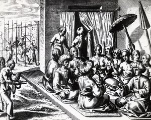 Cerimônia de casamento em Bantam, Ilha Java, por Theodor de Bry (1528-1598). gravura de Theodore de Bry