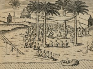 Bem-vindo de Indígenas Africanos, Ilustração de Indiae Orientalis por Antonio Pigafetta, por Theodore de Bry de Theodore de Bry