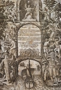 Índias Ocidentais ou América, por Theodor de Bry (1528-1598), frontispício, gravura de Theodore de Bry