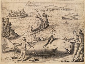 Baleeira perto de Spitsbergen, gravura de Theodor de Bry (1528-1598) da Índia Orientalis (Índia Oriental) de Theodore de Bry